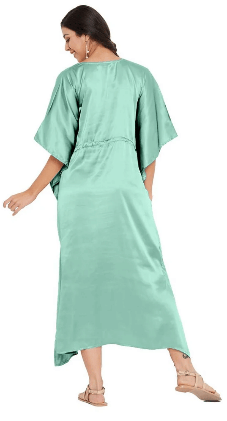 GypsieBlu Frosty Spruce Plus Size Satin Kaftan Dress for Women Kimono Sleeve 1X-3X