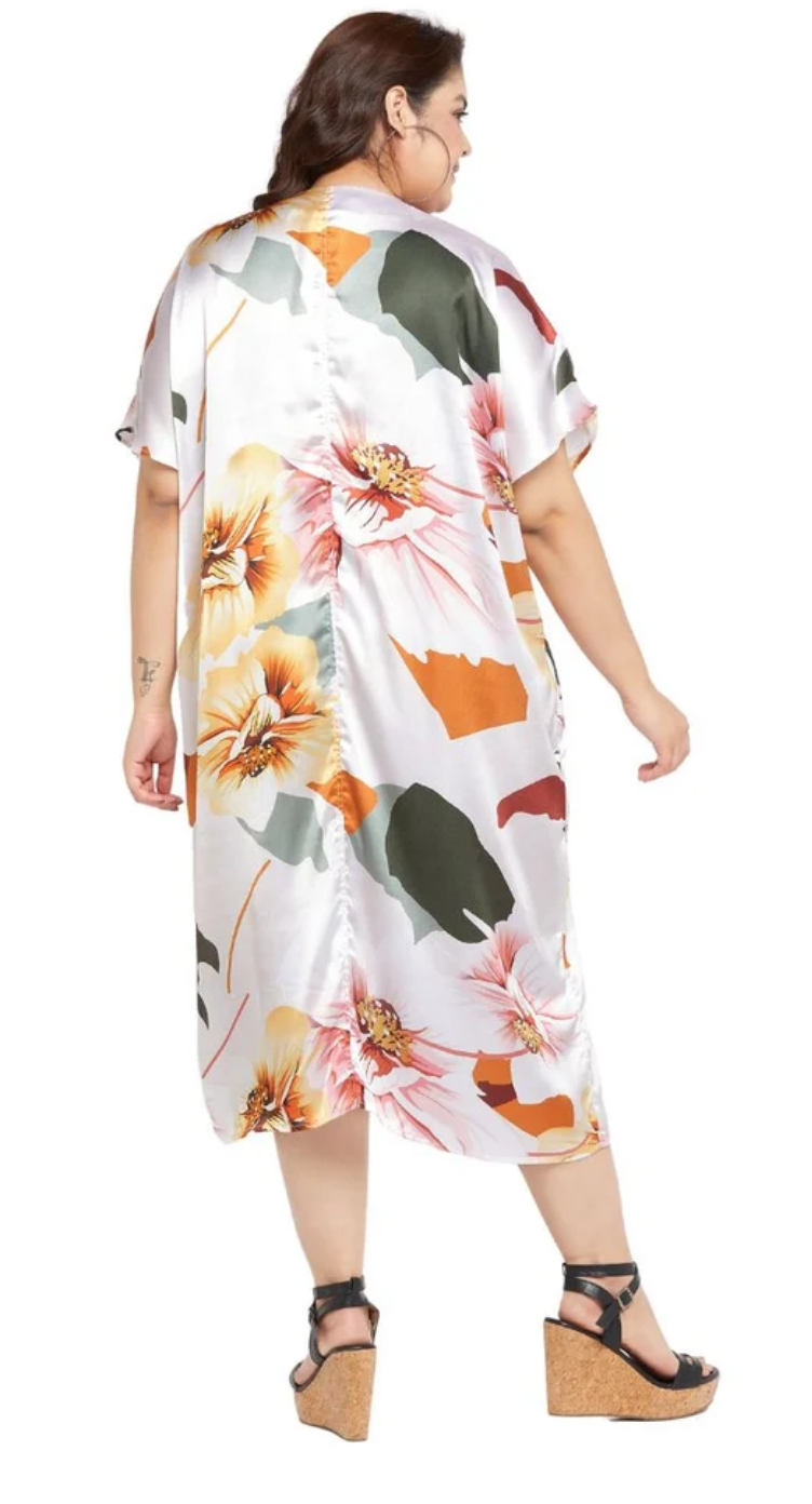 White High-Low Floral Satin Plus Size Kaftan Dress for Women 1X-3X 3/4 Sleeve | GypsieBlu