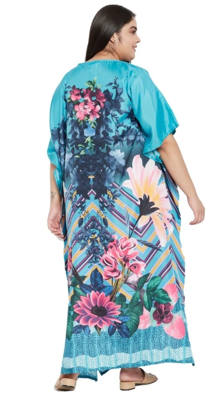 GypsieBlu Turquoise Polyester Plus Size Kaftan for Women V-Neck 1X-3X - Tropical Floral Chevron Border Print