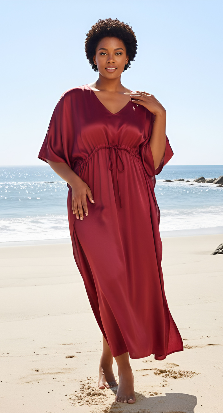 Solid Jester Plus Size Red Satin Kaftan Dress For Women