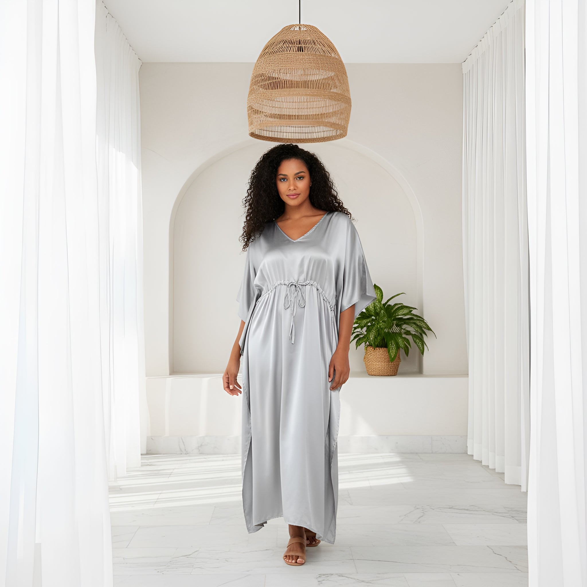 Gray Solid Silver Satin Plus Size Kaftan Dress For Women