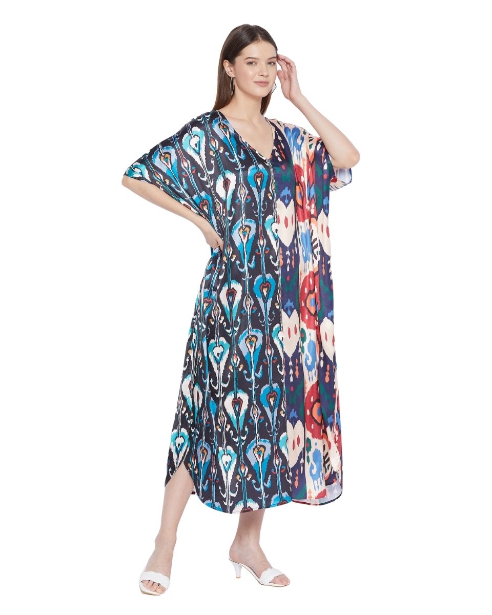 Navy Blue Kimono Sleeve Satin Kaftan For Plus Size Women