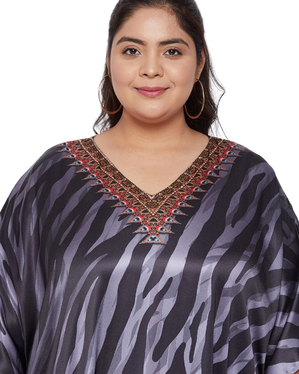 Satin Black And White Striped Kaftan Dress For Plus Size Women