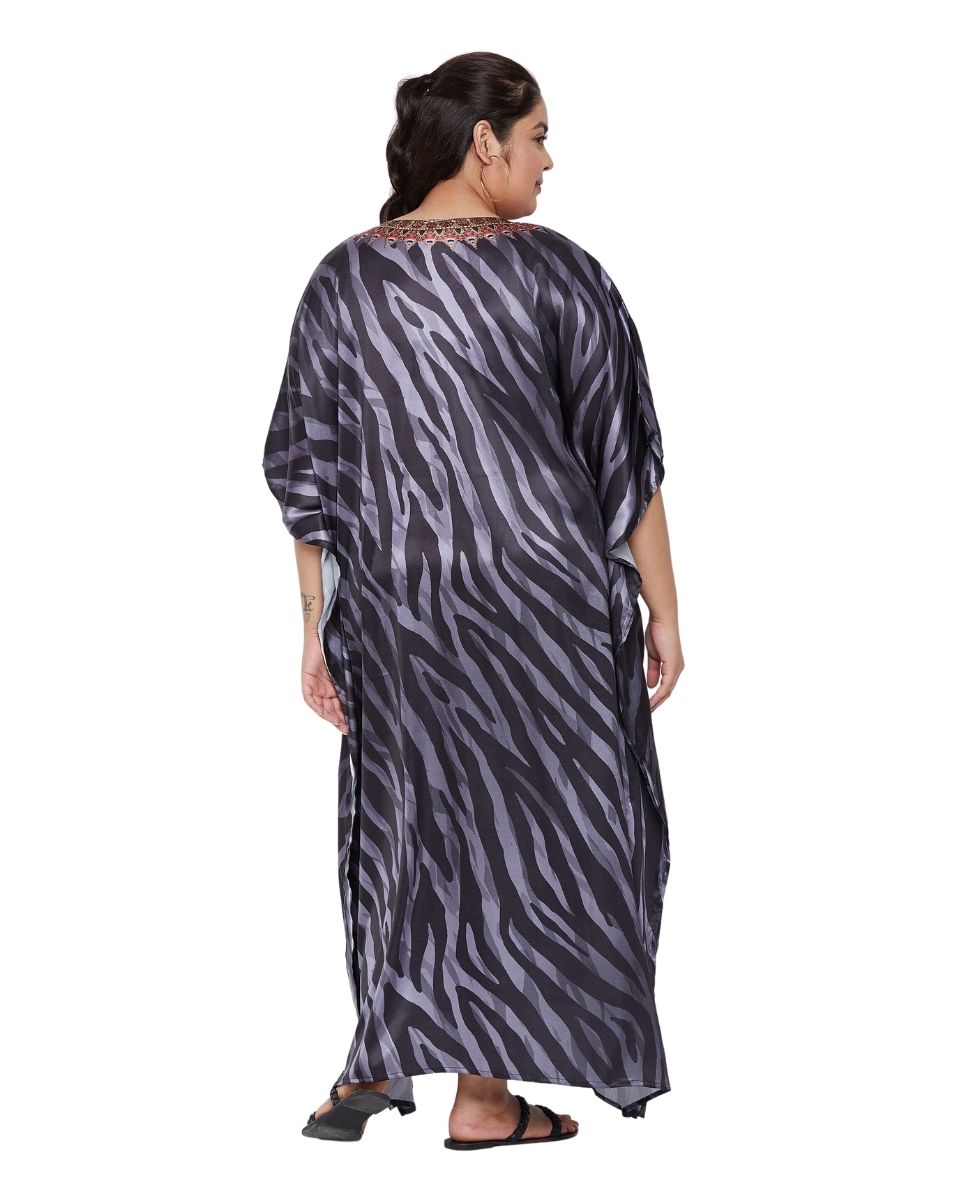 Satin Black And White Striped Kaftan Dress For Plus Size Women