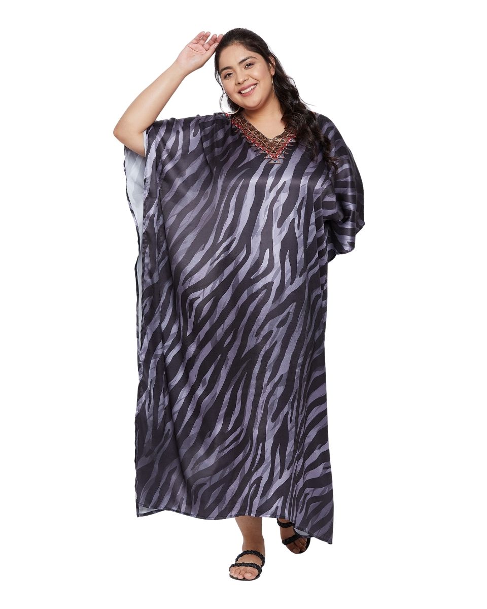 Satin Black And White Striped Kaftan Dress For Plus Size Women