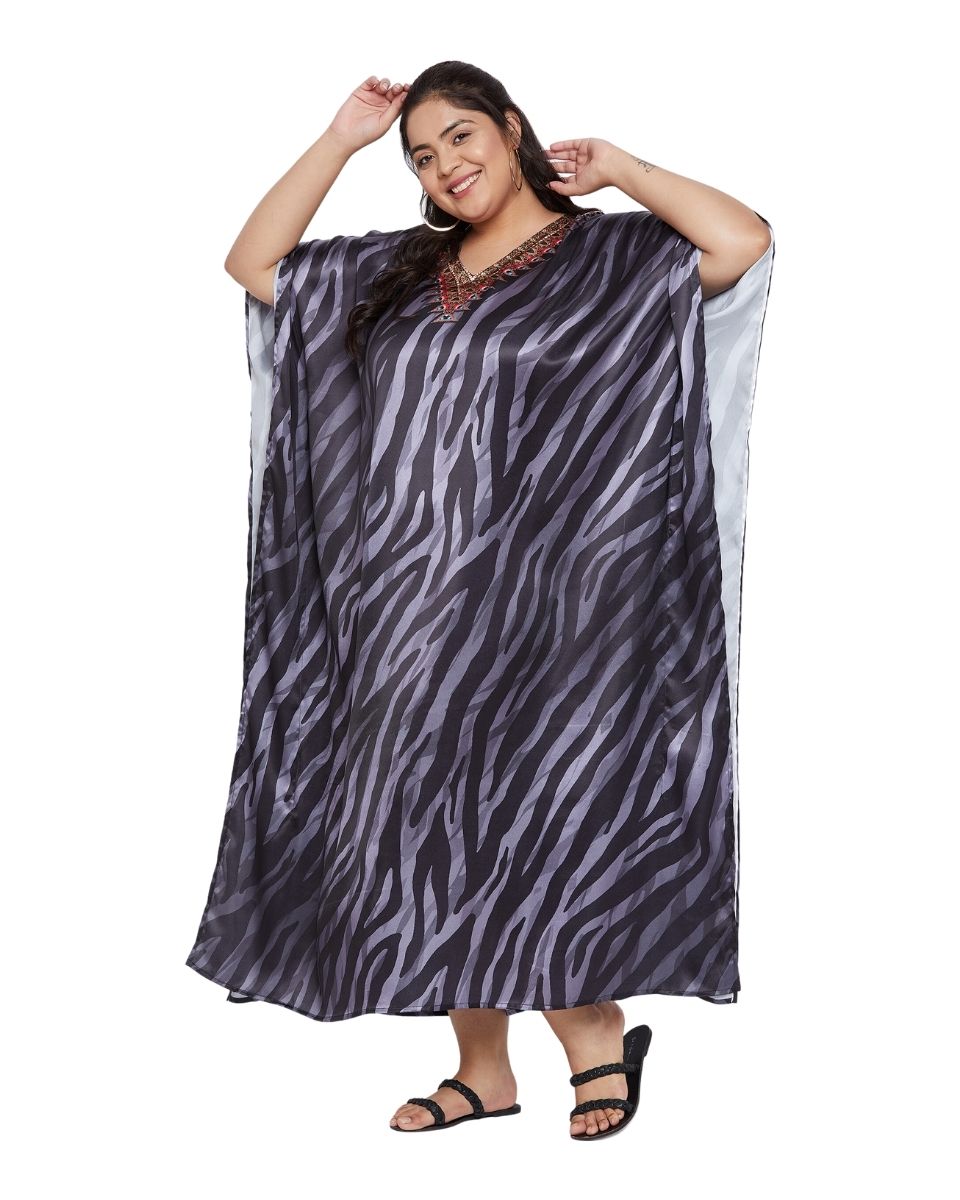 Satin Black And White Striped Kaftan Dress For Plus Size Women