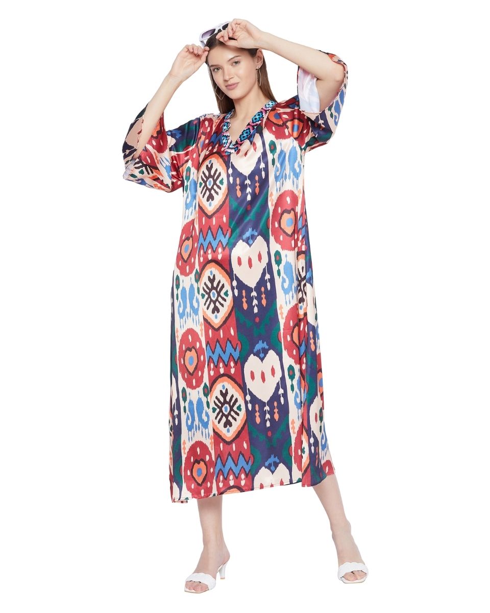 Maxi Satin Multicolor Long Sleeve Kaftan For Plus Size Women