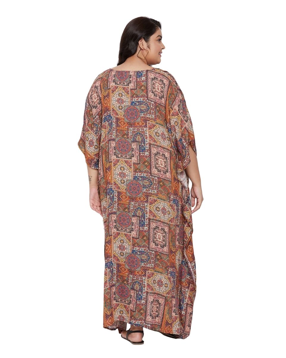 Multicolor v- neck satin caftan