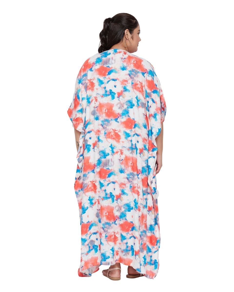 Women Multicolor Kimono Sleeve V-Neck Satin Kaftan