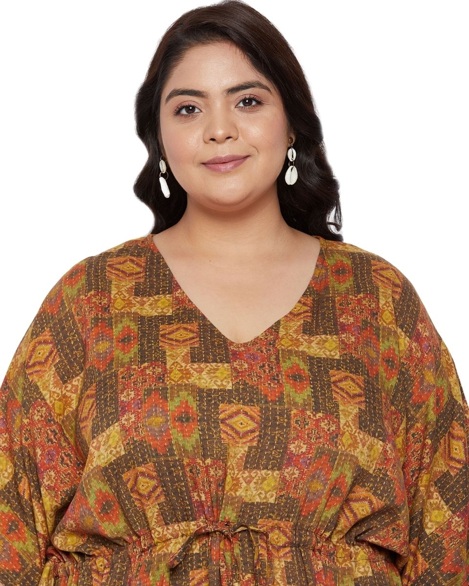 Brown Kantha Pattern Kimono Sleeve Rayon Kaftan For Plus Size Women