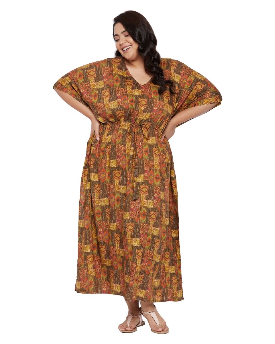 Brown Kantha Pattern Kimono Sleeve Rayon Kaftan For Plus Size Women