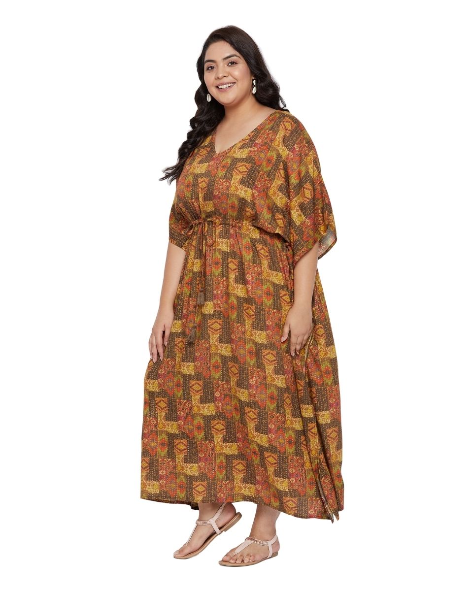 Brown Kantha Pattern Kimono Sleeve Rayon Kaftan For Plus Size Women