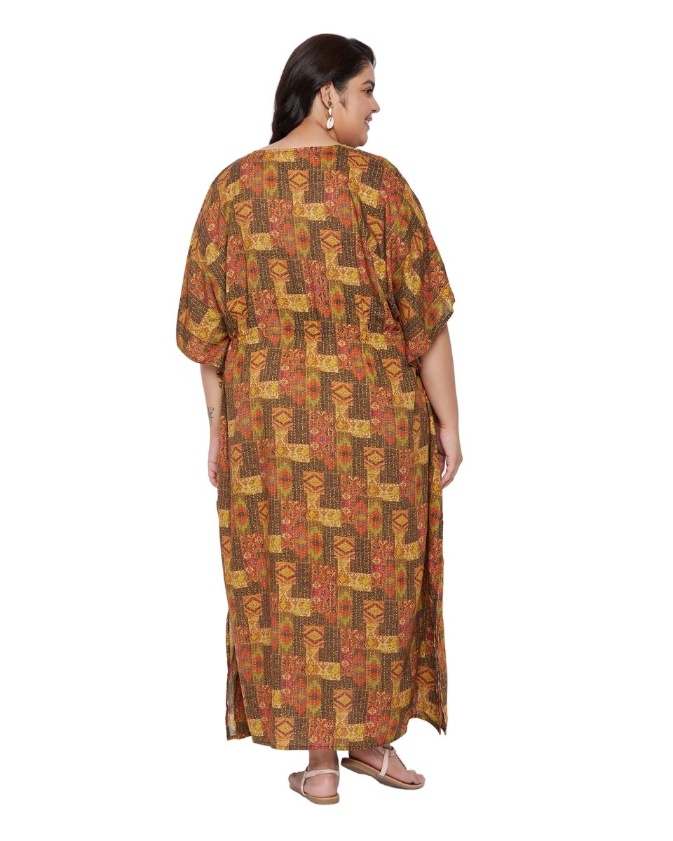 Brown Kantha Pattern Kimono Sleeve Rayon Kaftan For Plus Size Women