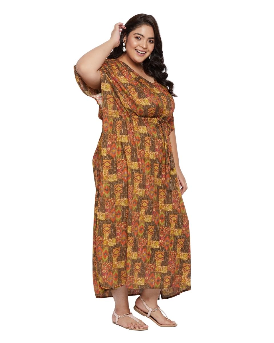 Brown Kantha Pattern Kimono Sleeve Rayon Kaftan For Plus Size Women