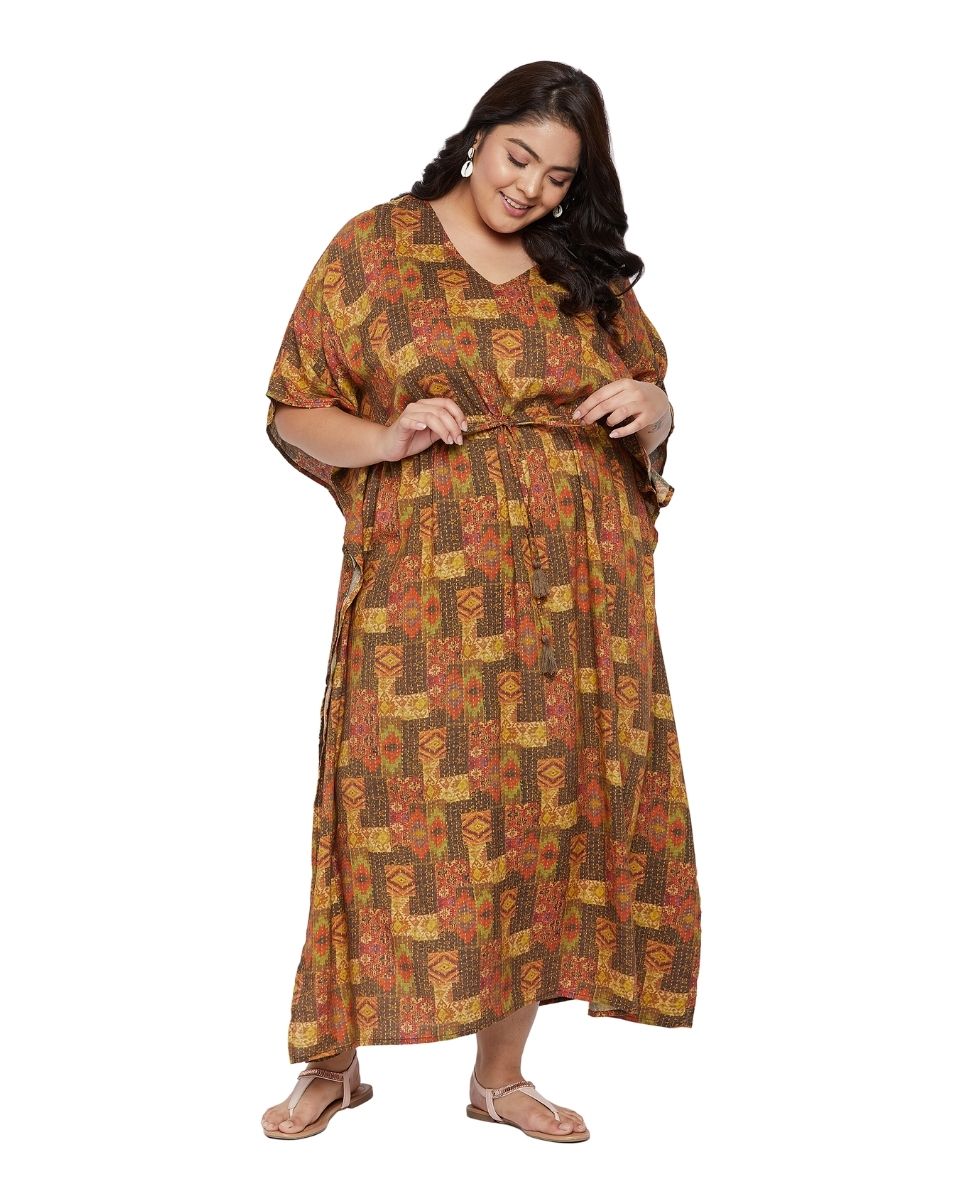 Brown Kantha Pattern Kimono Sleeve Rayon Kaftan For Plus Size Women