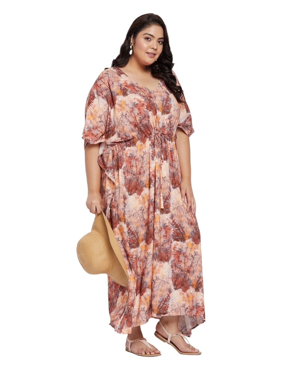 Tree Pattern Drawstring Brown Plus Size Rayon Kaftan For Women