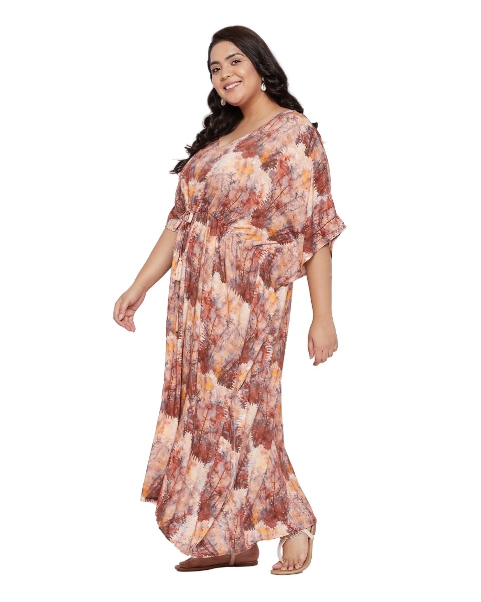 Tree Pattern Drawstring Brown Plus Size Rayon Kaftan For Women