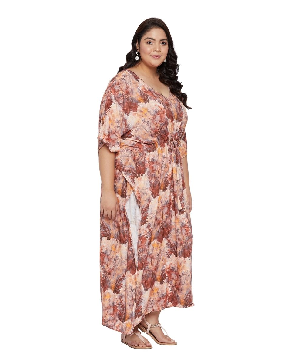 Tree Pattern Drawstring Brown Plus Size Rayon Kaftan For Women