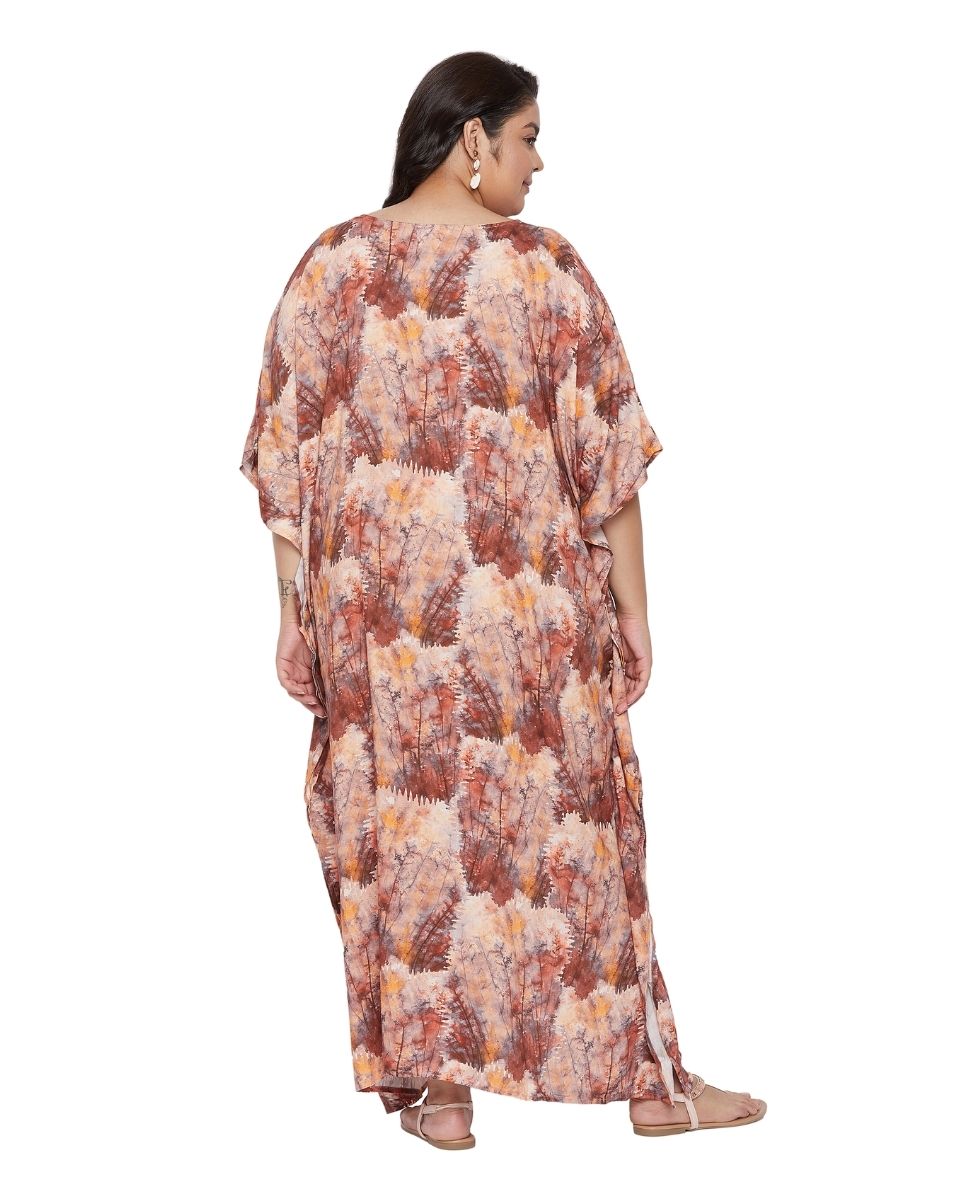 Tree Pattern Drawstring Brown Plus Size Rayon Kaftan For Women