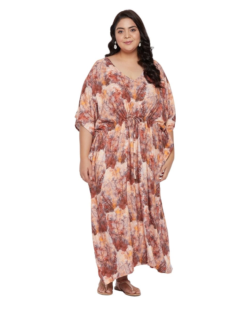 Tree Pattern Drawstring Brown Plus Size Rayon Kaftan For Women