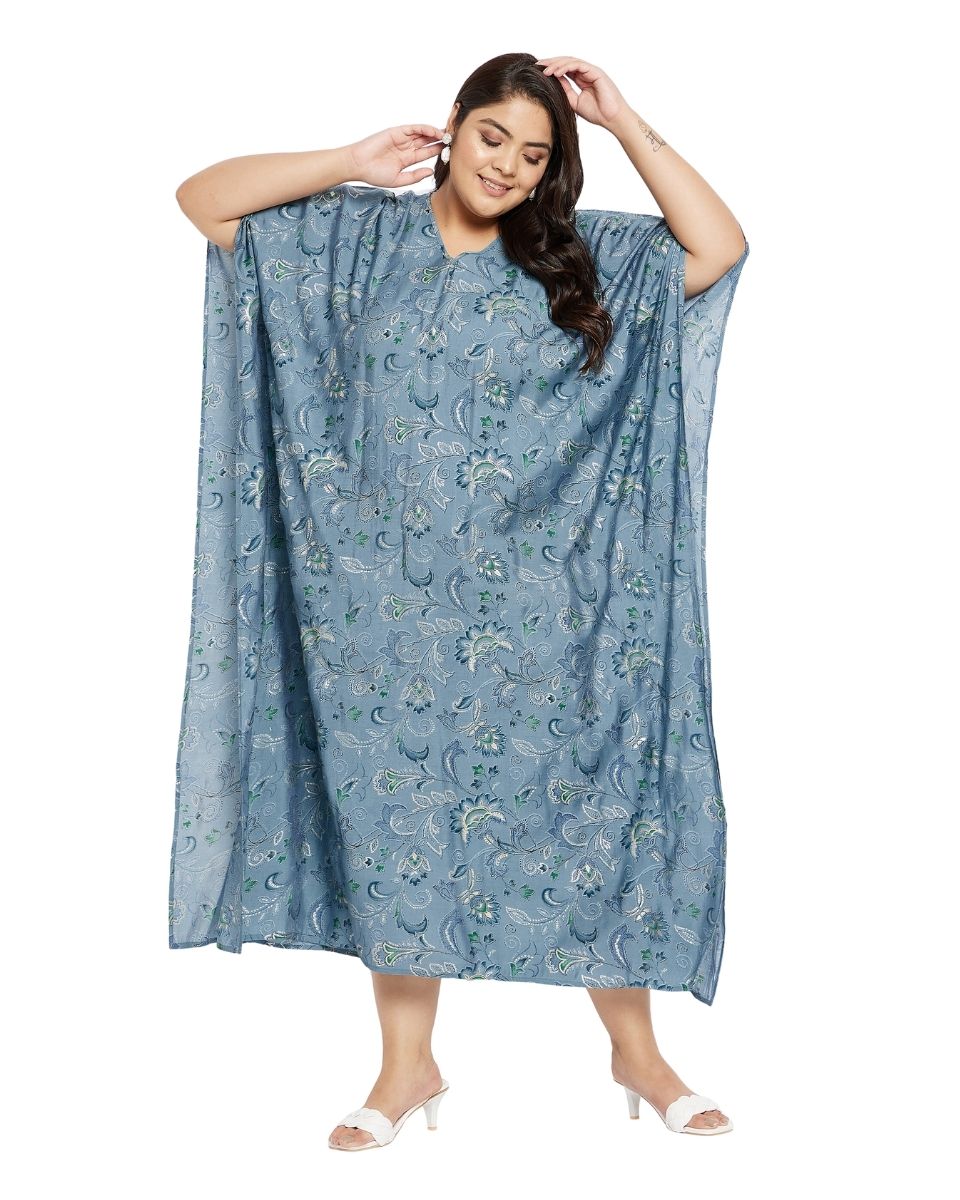 Women Blue V-Neck Kimono Sleeve Plus Size Kaftan