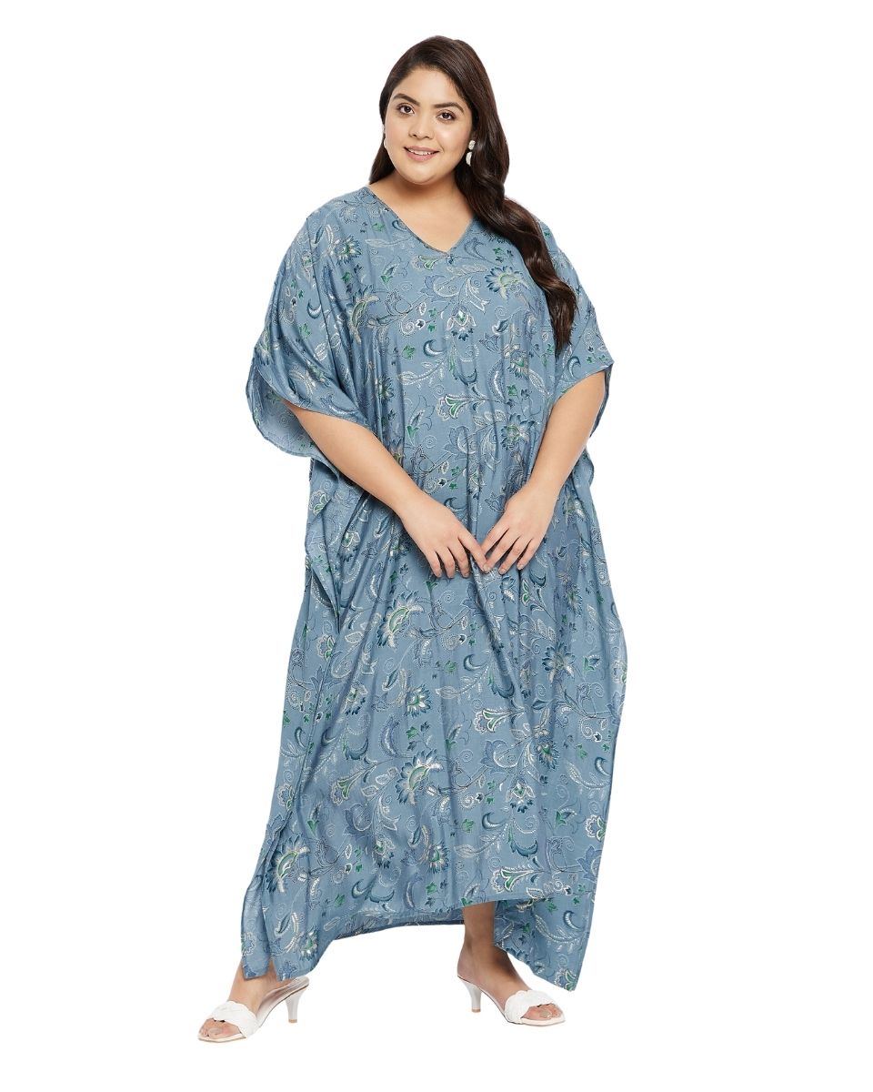 Women Blue V-Neck Kimono Sleeve Plus Size Kaftan