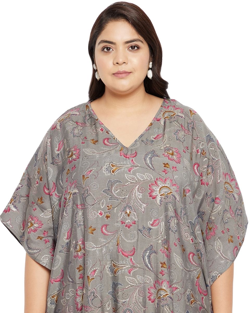 Gray Plus Size V-Neck Kimono Maxi Muslin Kaftan For Women