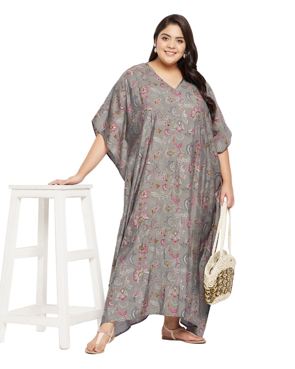 Gray Plus Size V-Neck Kimono Maxi Muslin Kaftan For Women