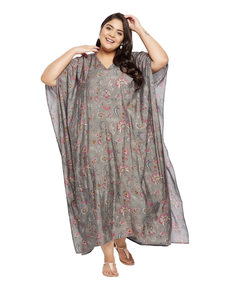 Gray Plus Size V-Neck Kimono Maxi Muslin Kaftan For Women