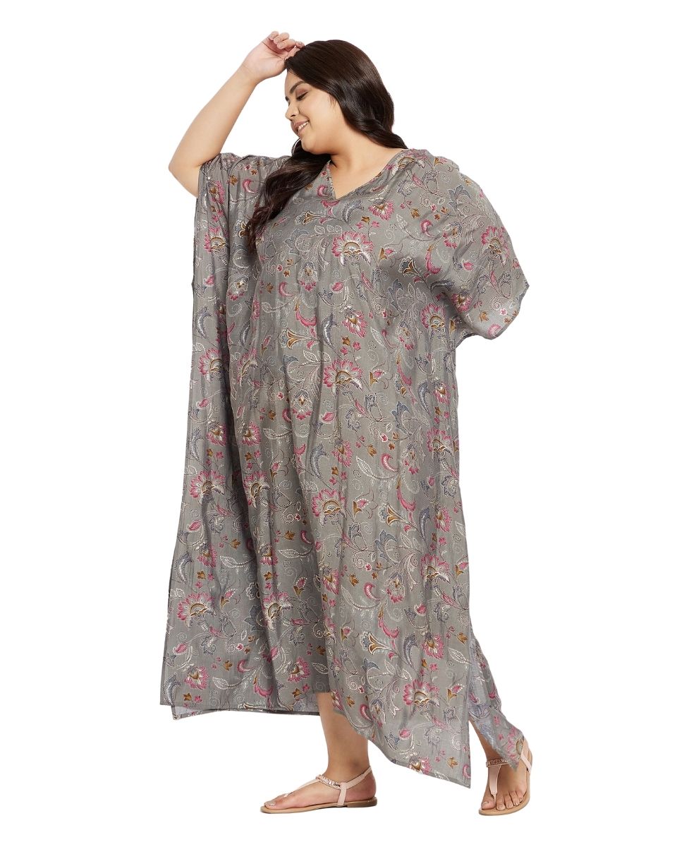 Gray Plus Size V-Neck Kimono Maxi Muslin Kaftan For Women