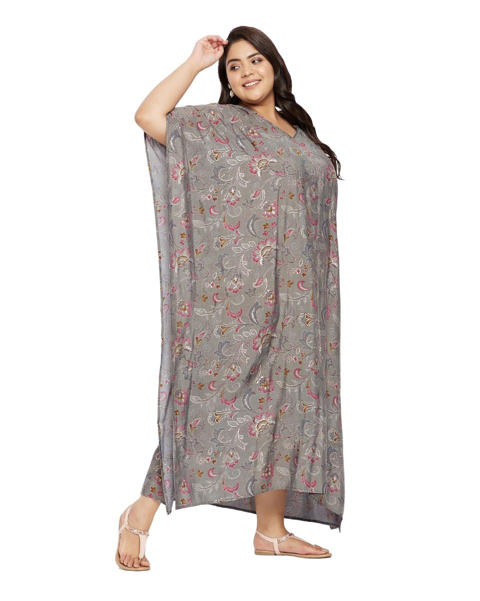 Gray Plus Size V-Neck Kimono Maxi Muslin Kaftan For Women