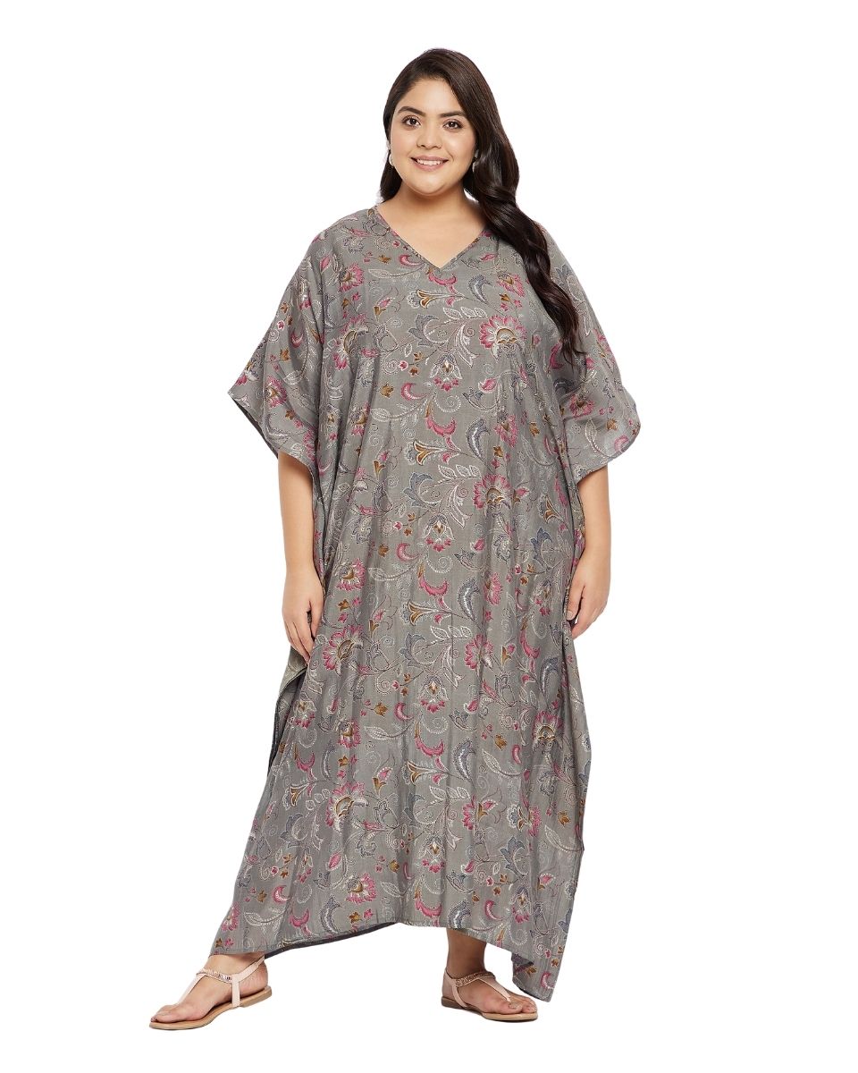 Gray Plus Size V-Neck Kimono Maxi Muslin Kaftan For Women