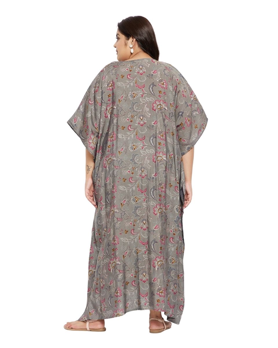 Gray Plus Size V-Neck Kimono Maxi Muslin Kaftan For Women