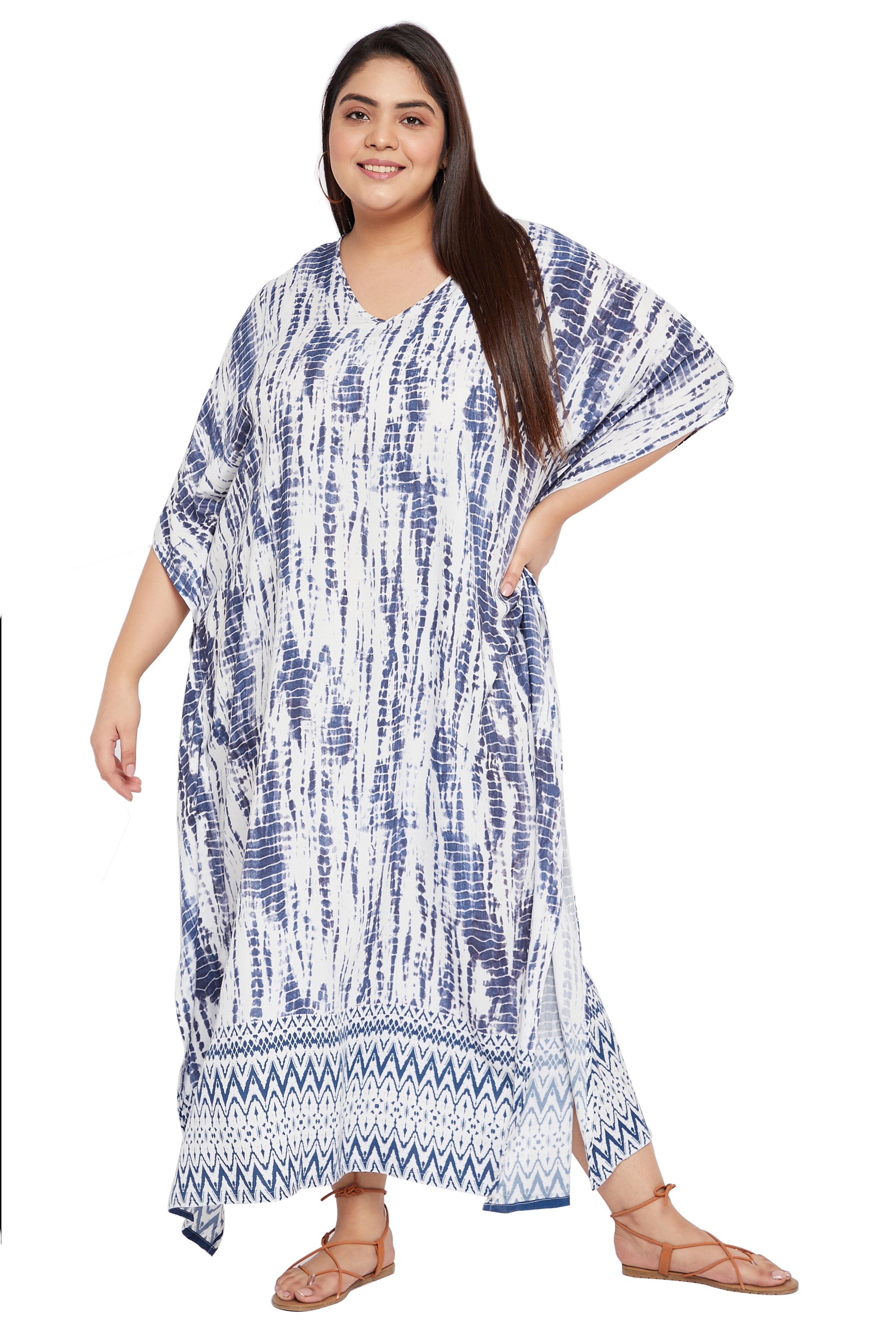 Tie Dye Blue Rayon Plus Size Kaftan Swimsuit Beach Cover up for Women