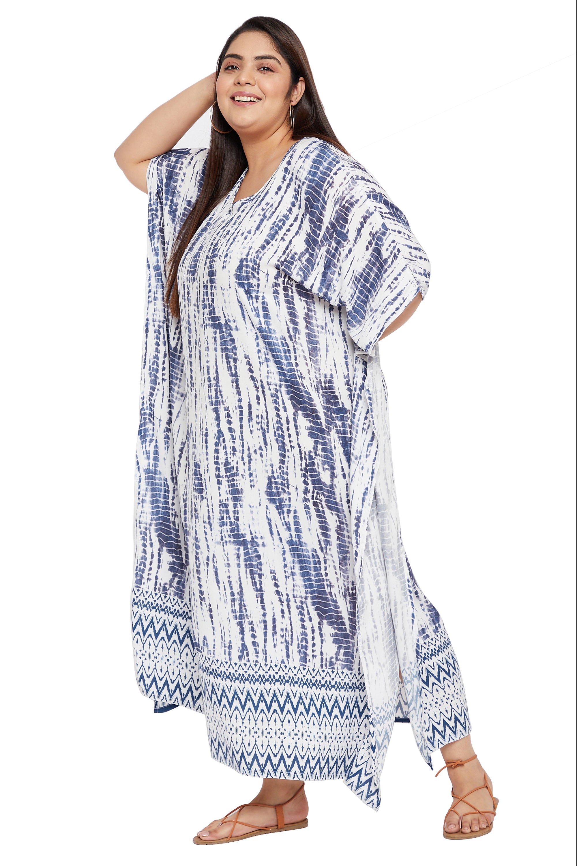 Tie Dye Blue Rayon Plus Size Kaftan Swimsuit Beach Cover up for Women