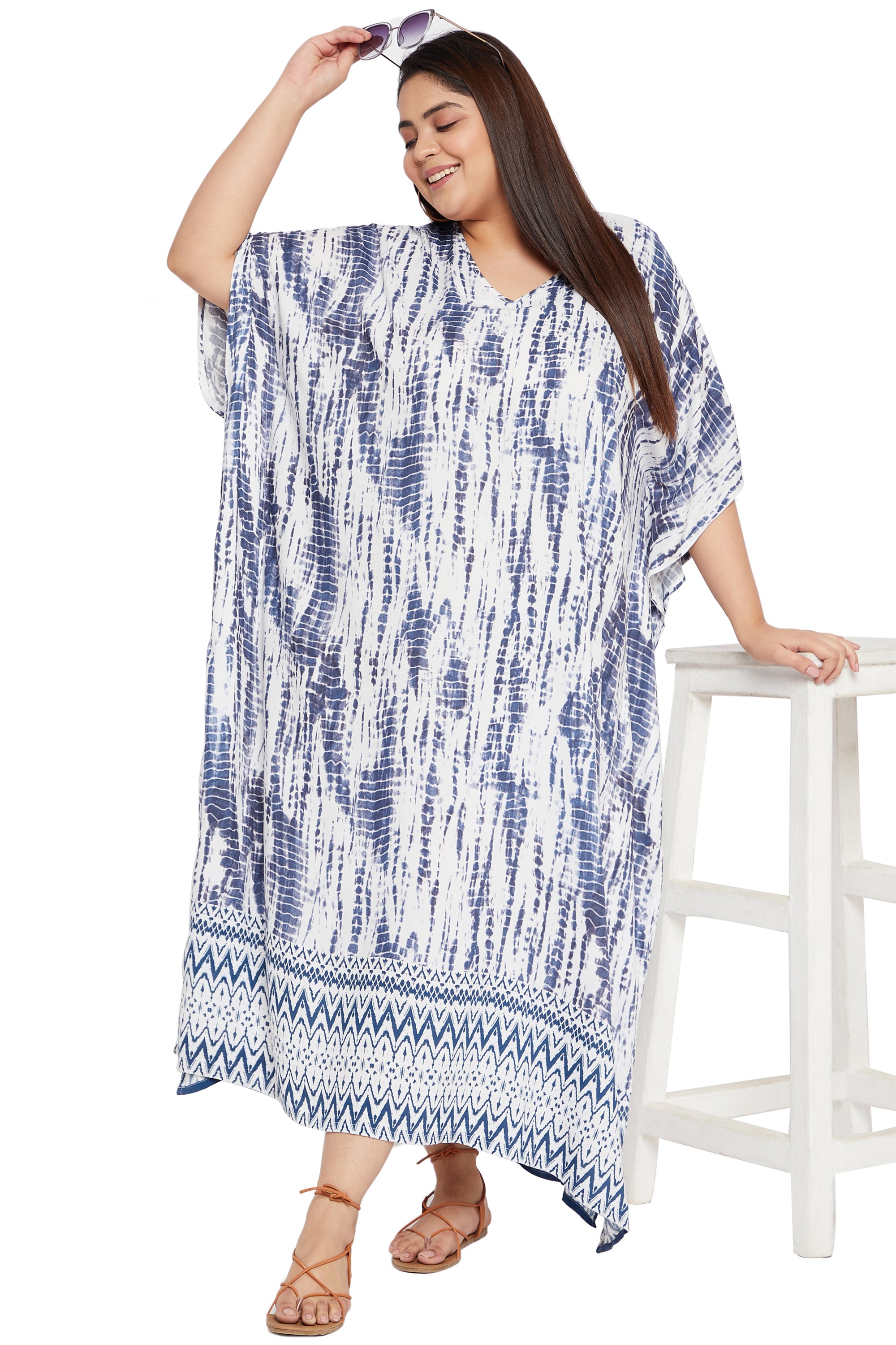 Tie Dye Blue Rayon Plus Size Kaftan Swimsuit Beach Cover up for Women