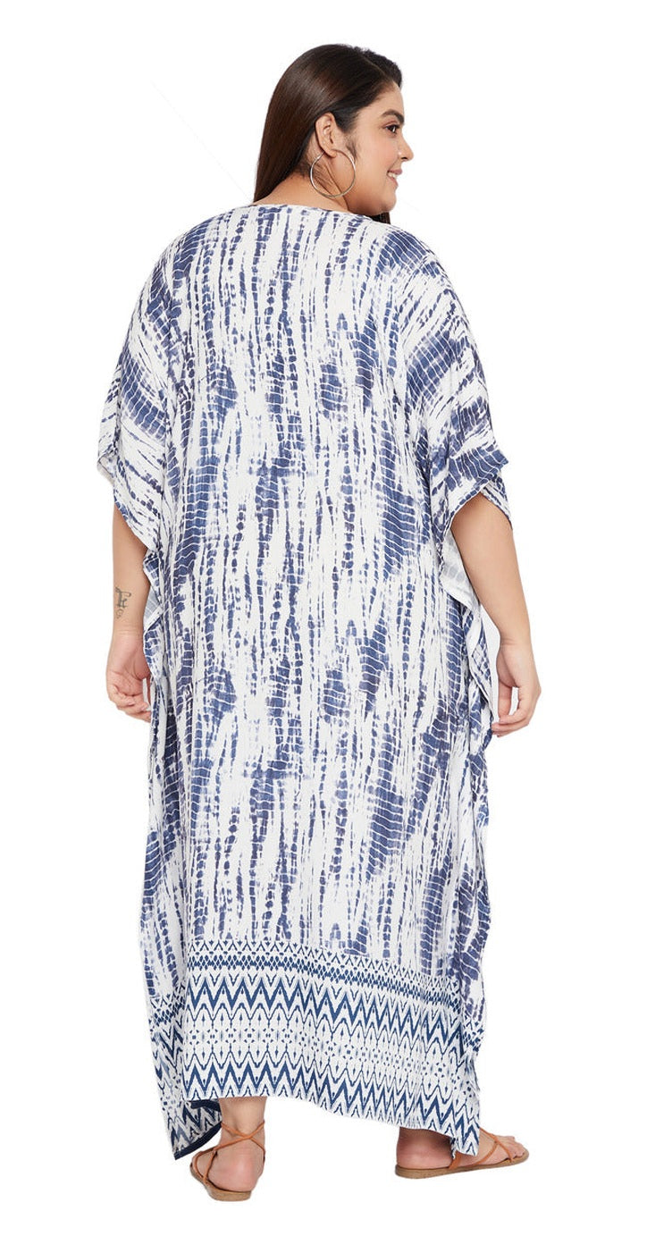 Blue Tie Dye Rayon Women Plus Size Kaftan Beach Dress - SKU SG152-2020-NBLU - Gypsie Blu