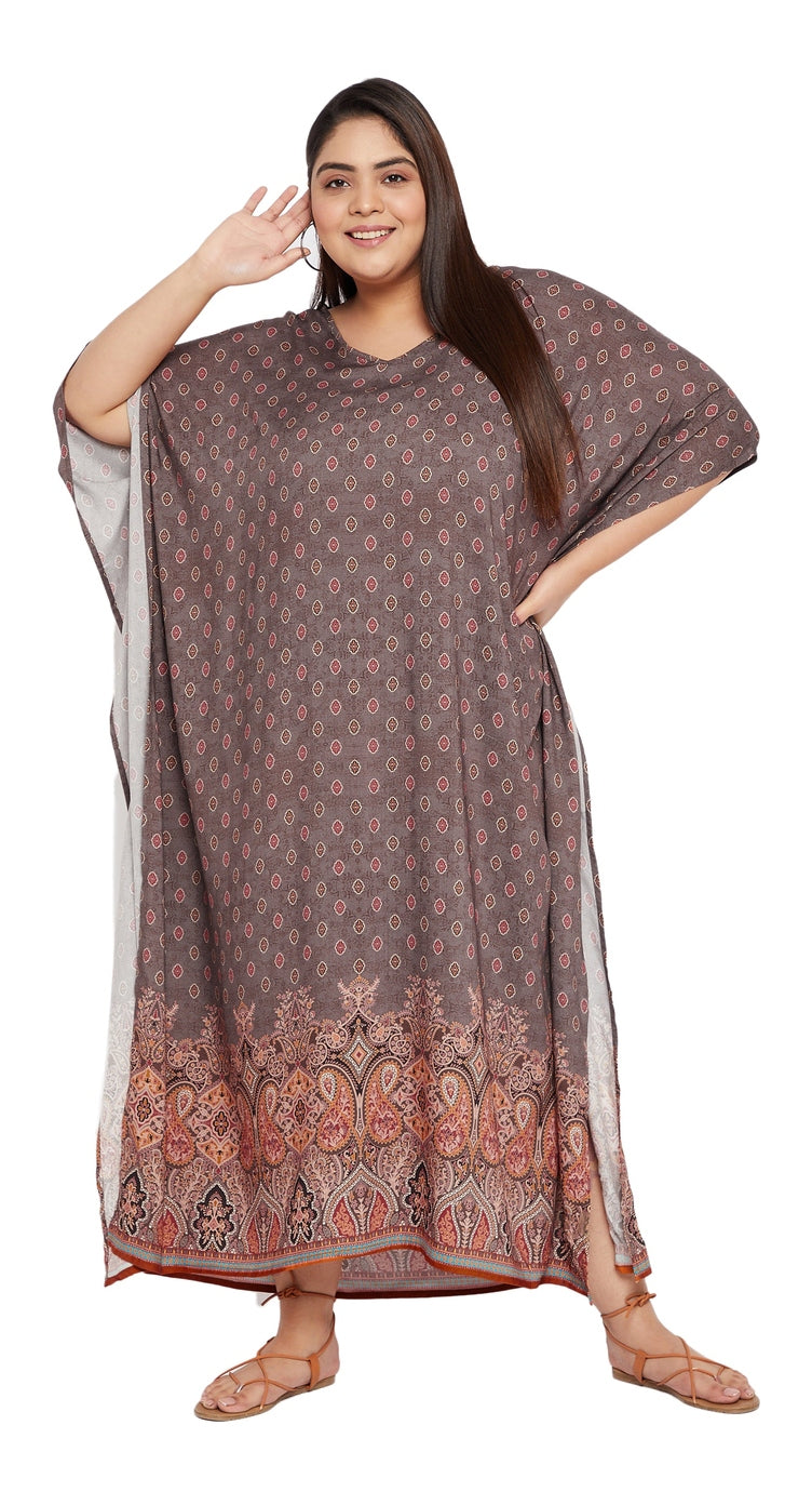 Brown Paisley Print Rayon Women Plus Size Kaftan Elegant Dress - SKU SG152-2022-DBRN - Gypsie Blu