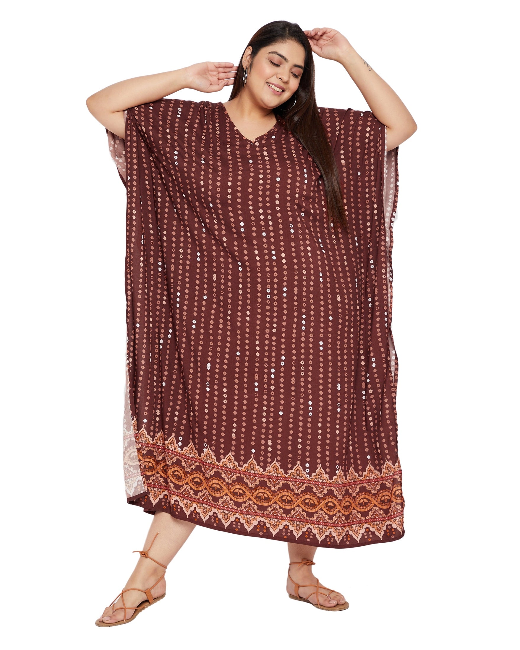 Bandhani Print Rayon Brown Kaftan Dress for Plus Size Women