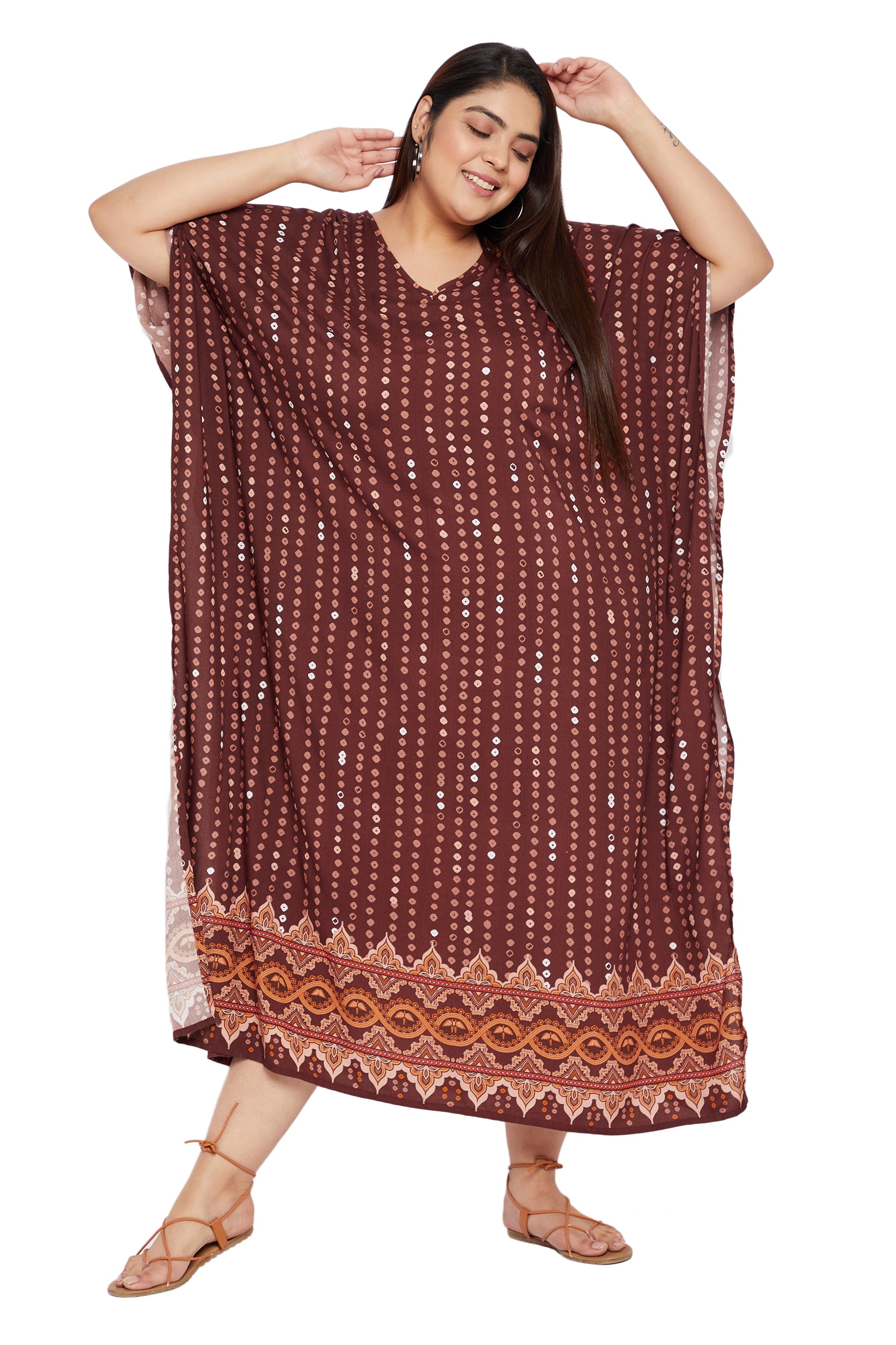 Bandhani Print Rayon Brown Kaftan Dress for Plus Size Women