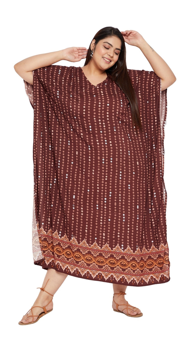 Brown Bandhani Print Rayon Women Plus Size Kaftan Casual Dress - SKU SG152-2023-BRN - Gypsie Blu