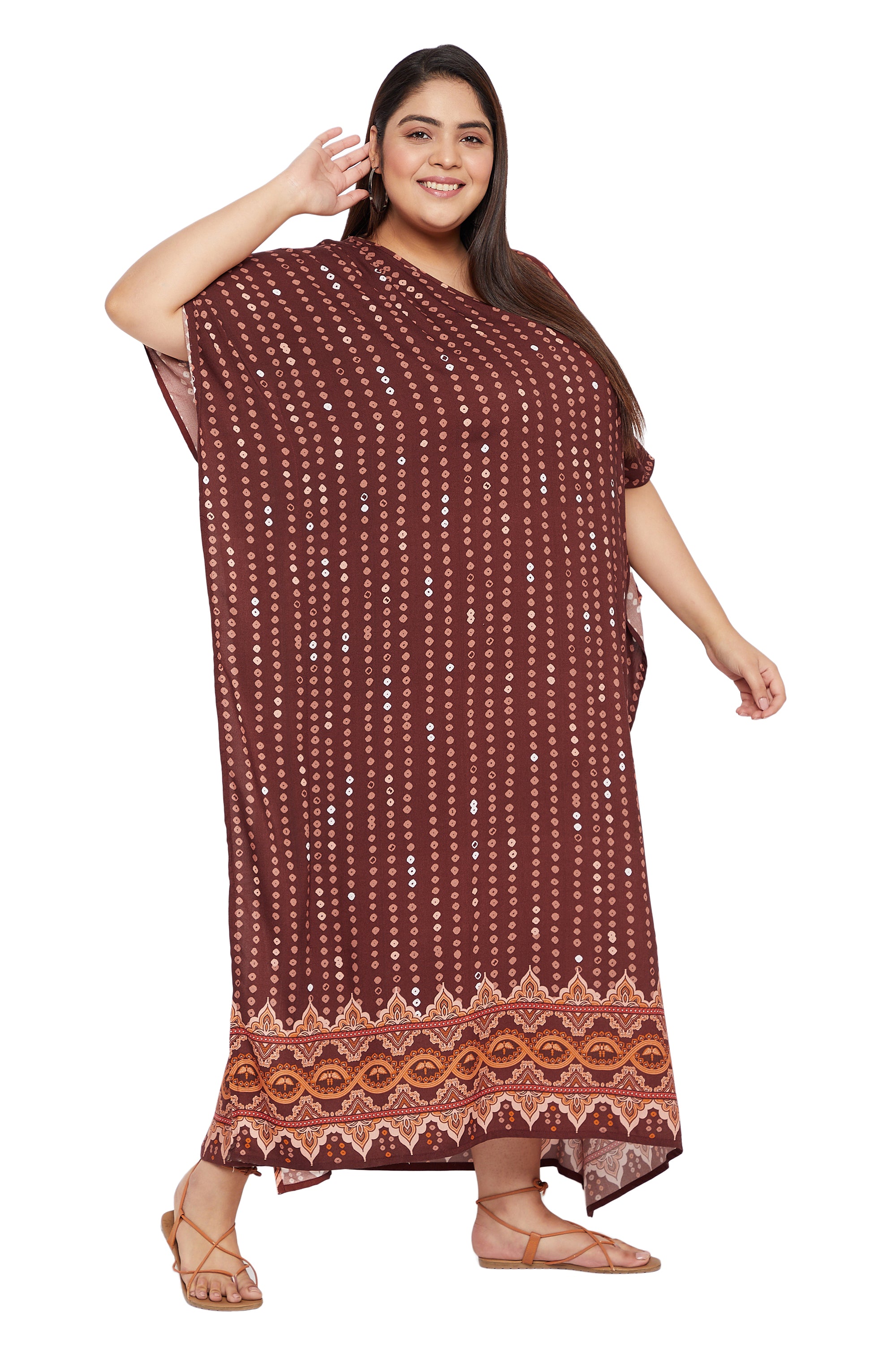 Bandhani Print Rayon Brown Kaftan Dress for Plus Size Women