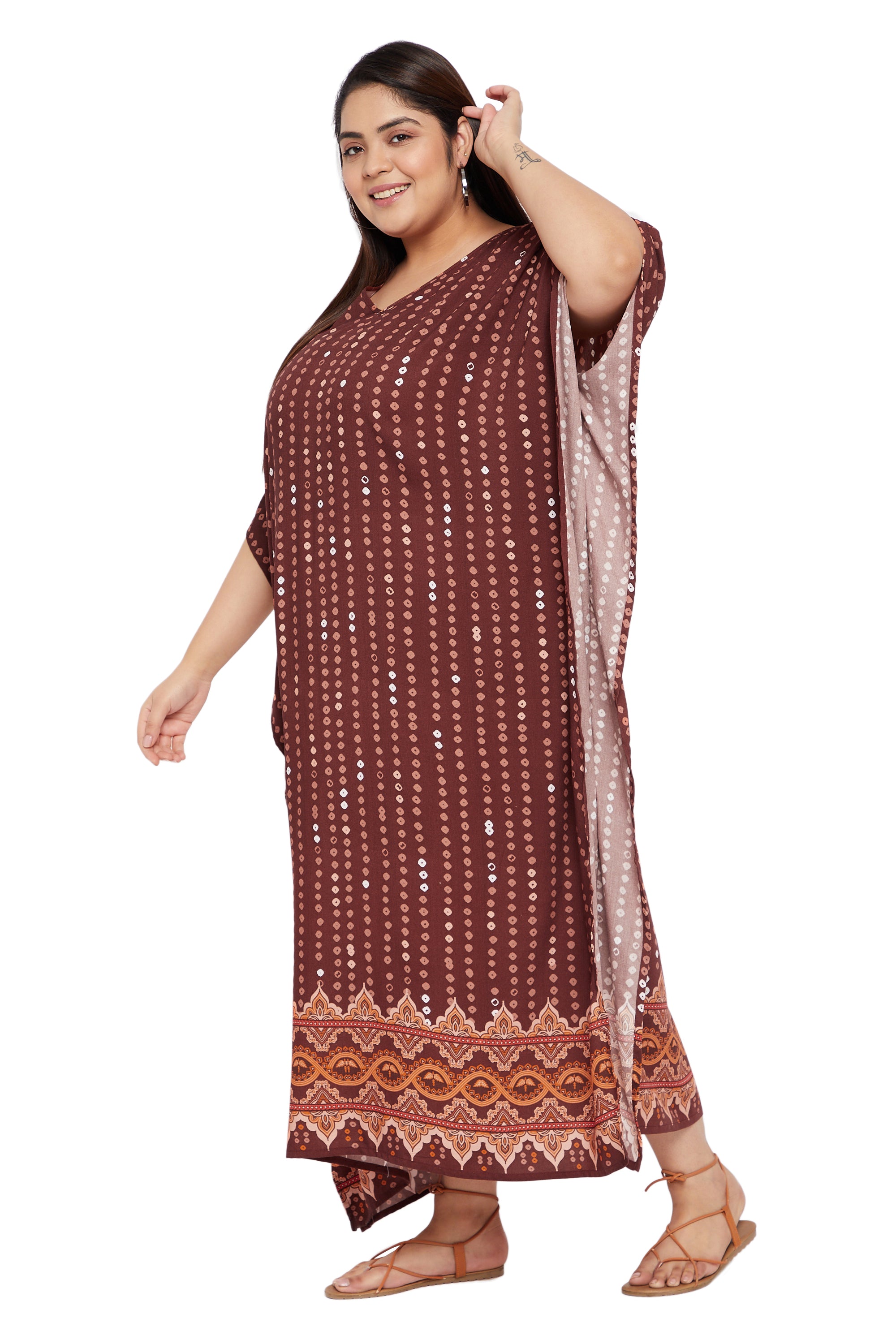 Bandhani Print Rayon Brown Kaftan Dress for Plus Size Women