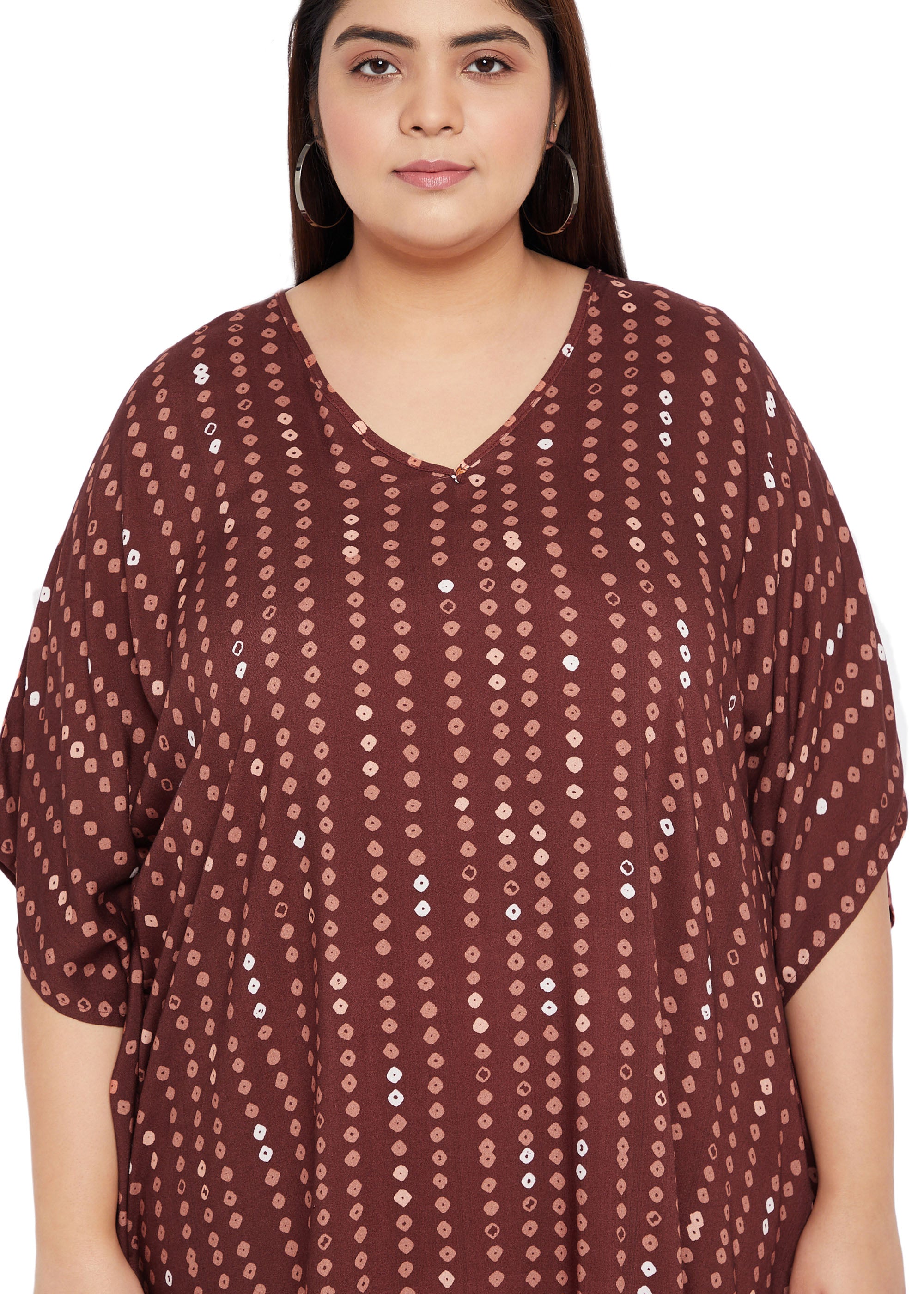 Bandhani Print Rayon Brown Kaftan Dress for Plus Size Women