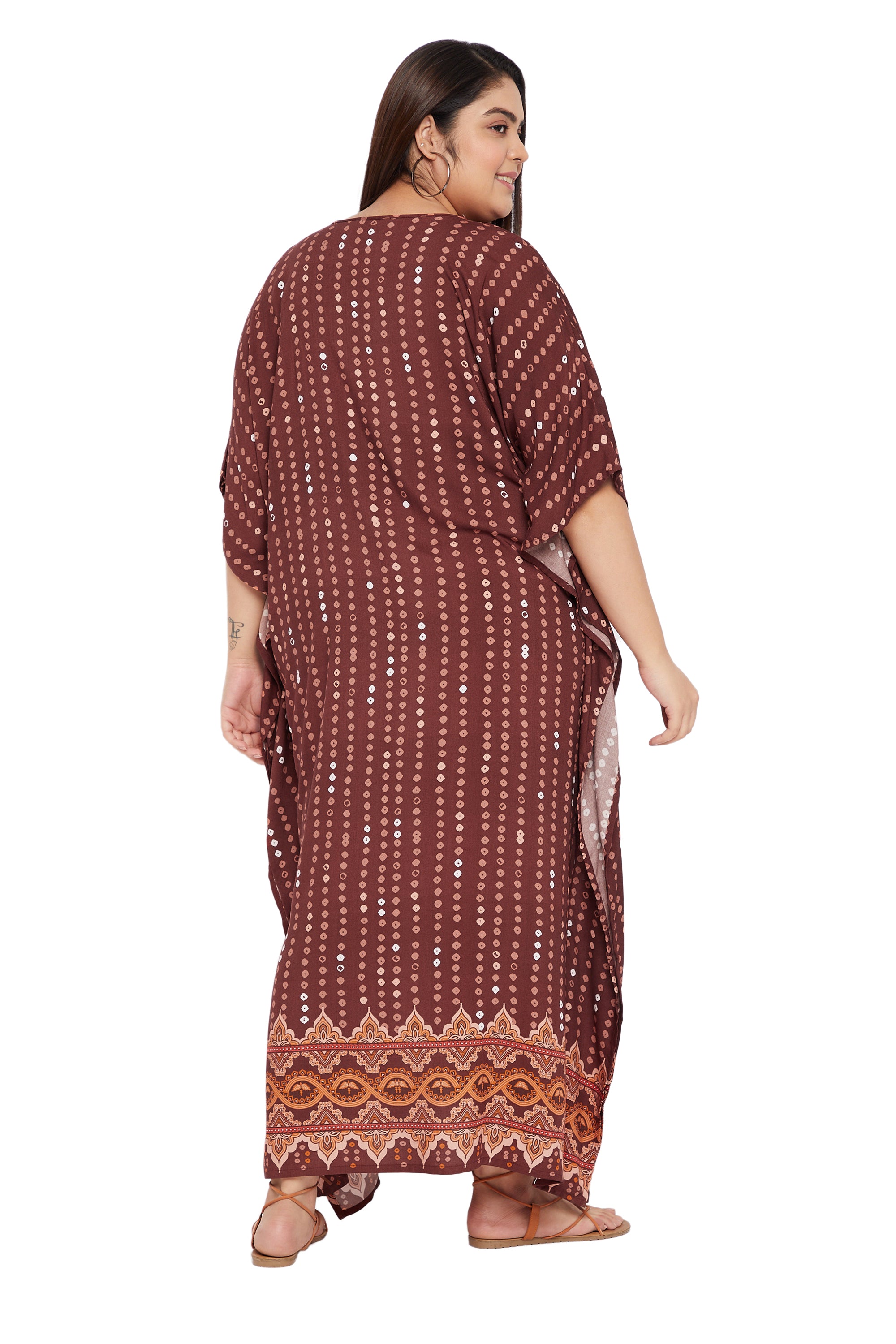 Bandhani Print Rayon Brown Kaftan Dress for Plus Size Women