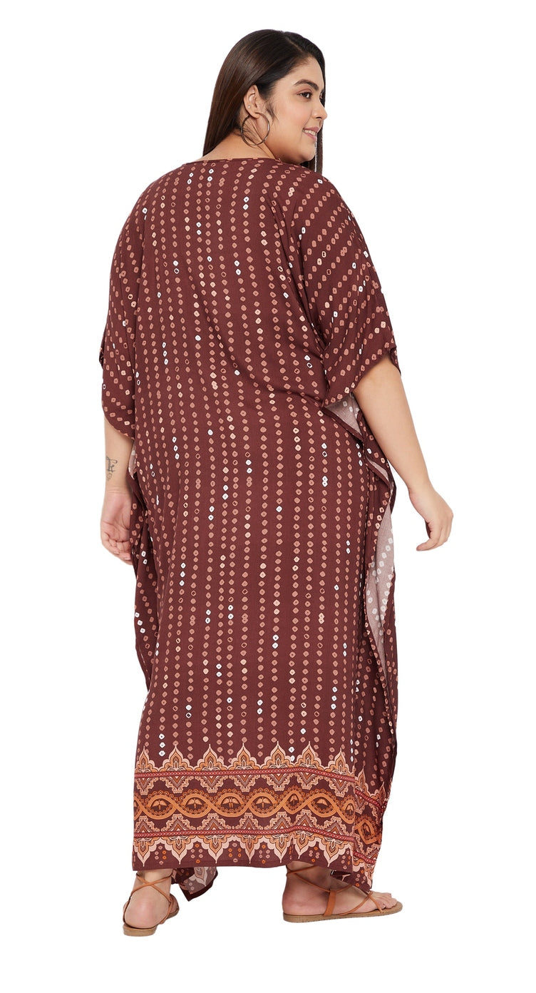 Brown Bandhani Print Rayon Women Plus Size Kaftan Casual Dress - SKU SG152-2023-BRN - Gypsie Blu
