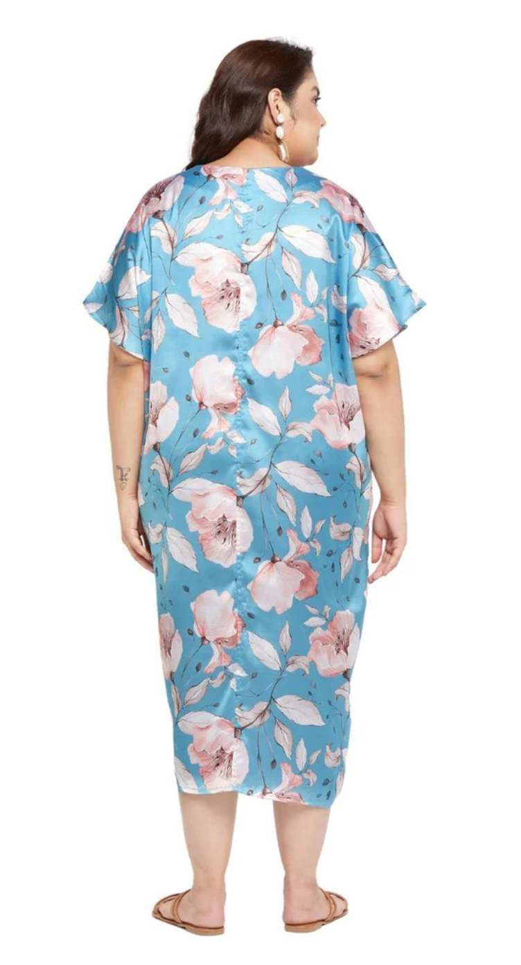 Pastel Blue Floral Peony Bloom Satin Plus Size Kaftan Dress for Women 1X-3X V Neck | GypsieBlu