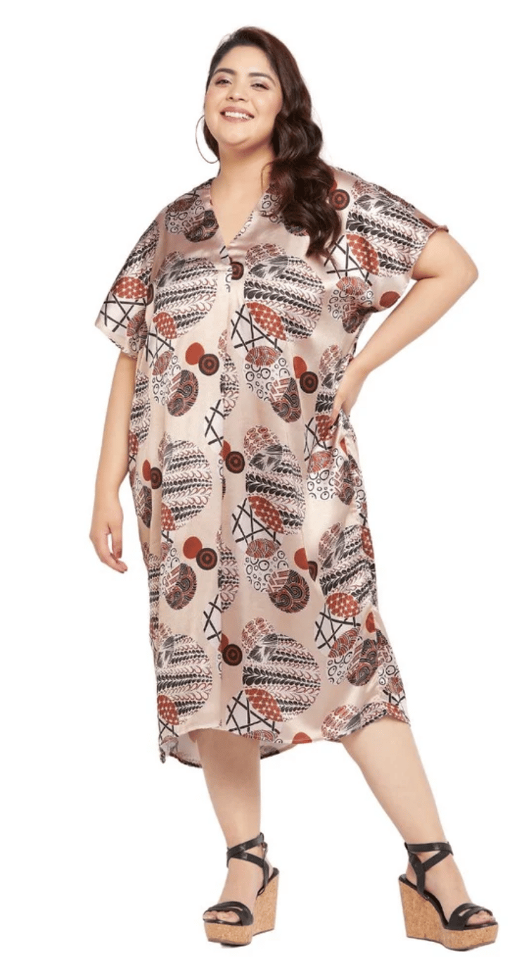 Beige Floral Geometric Satin Plus Size Kaftan Dress for Women 1X-3X V Neck | GypsieBlu