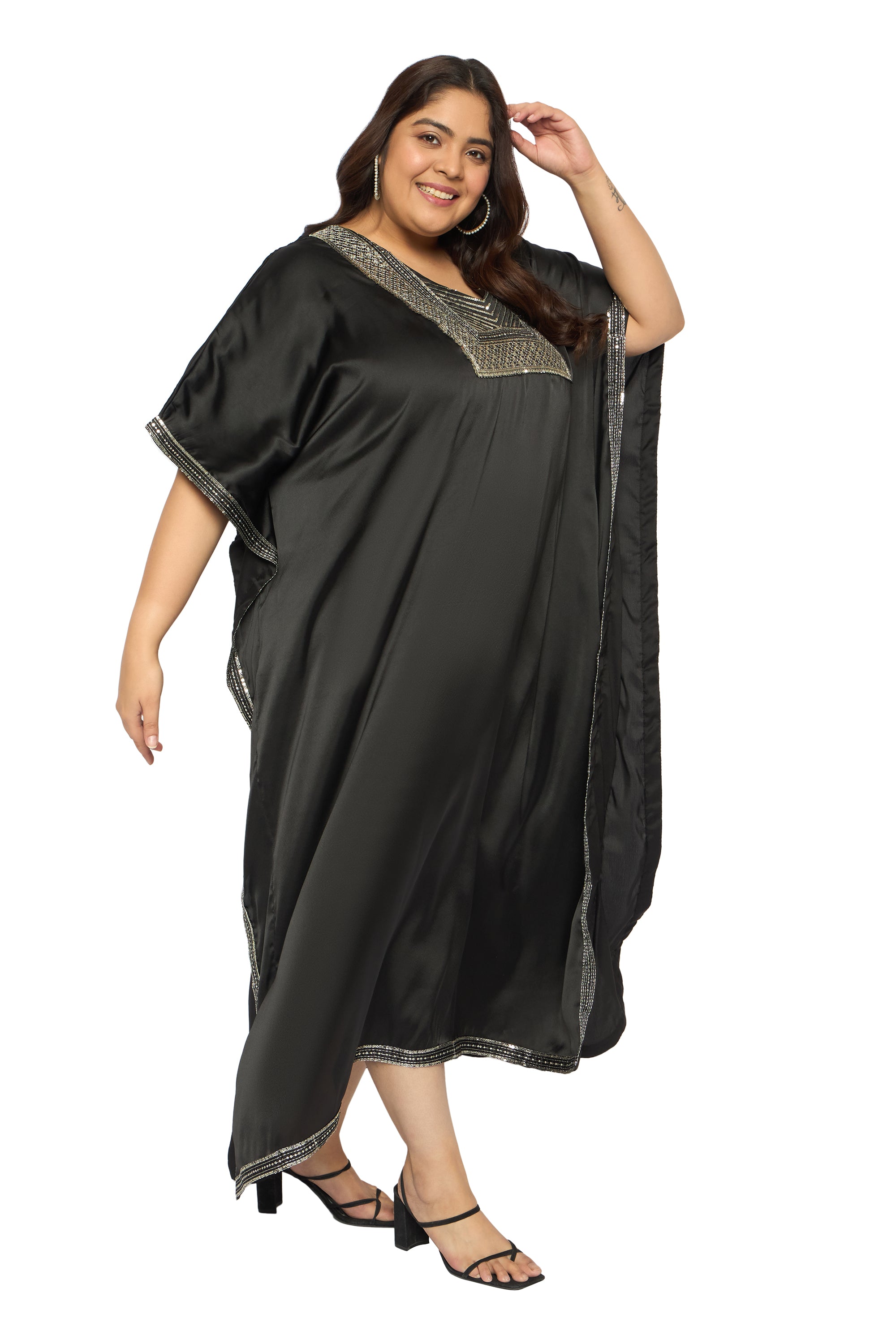 Embroidered Corsair Blue Satin Kaftan Dress For Plus Size Women