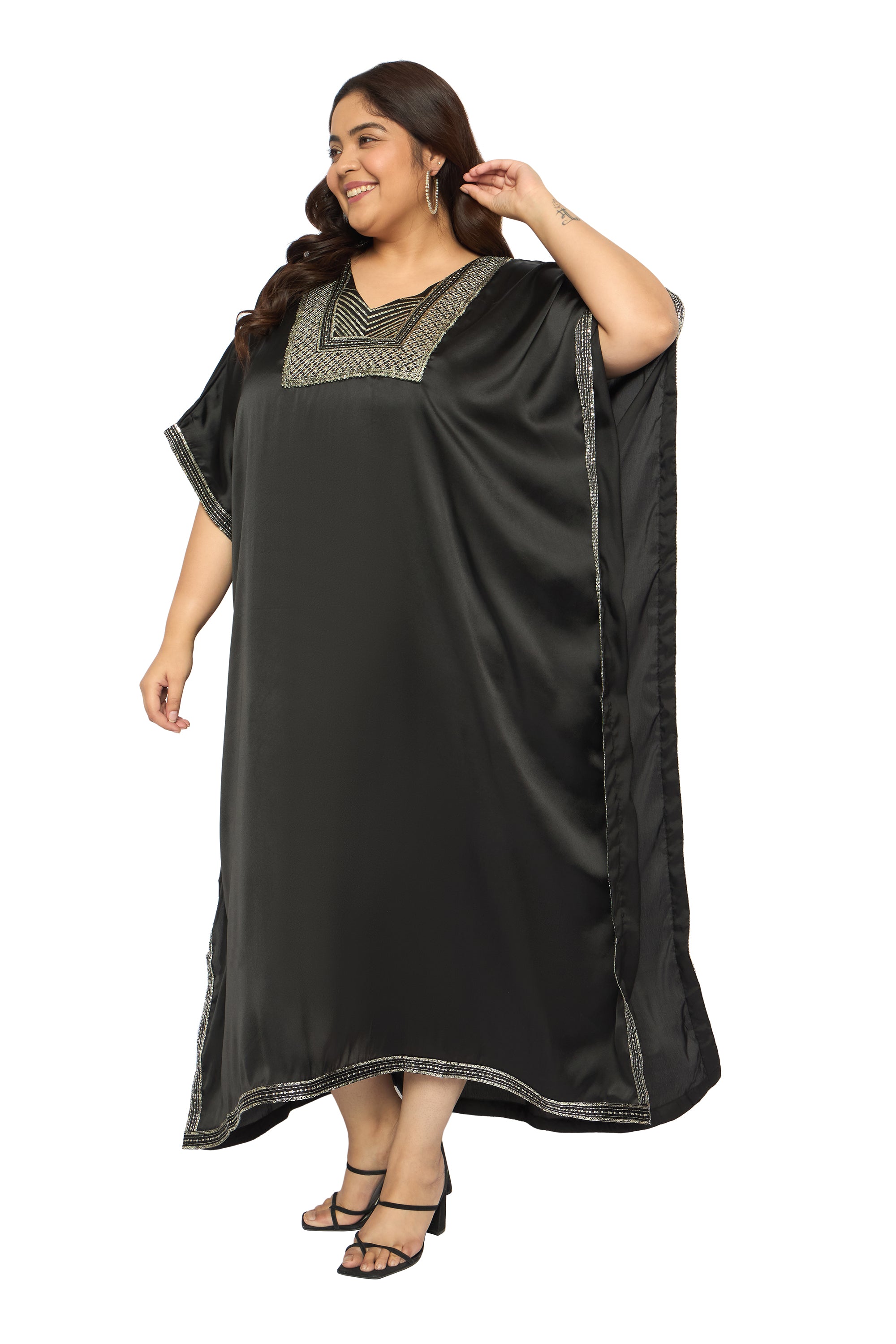 Embroidered Corsair Blue Satin Kaftan Dress For Plus Size Women